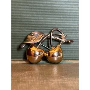 Vintage Cherry Brooch – Gold & Silver‑Tone – 1.5” × 2.5”